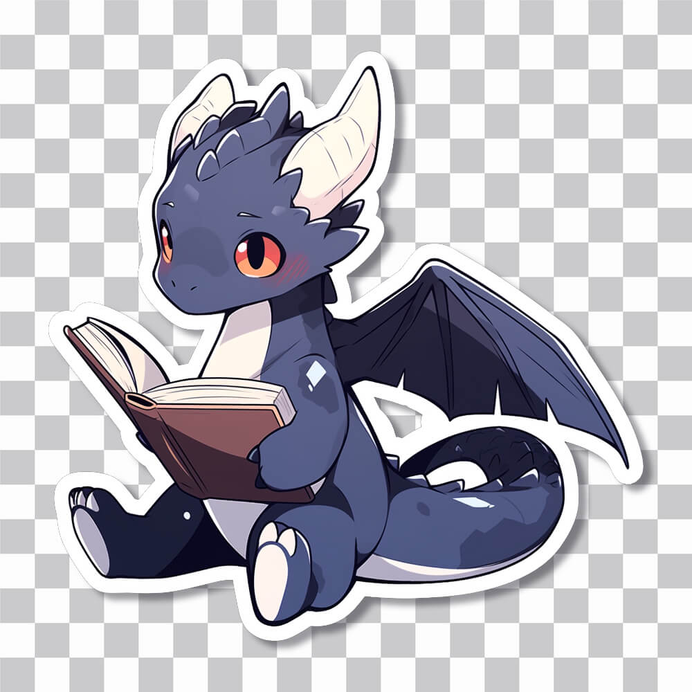 cute gray dragon reading book sticker cover