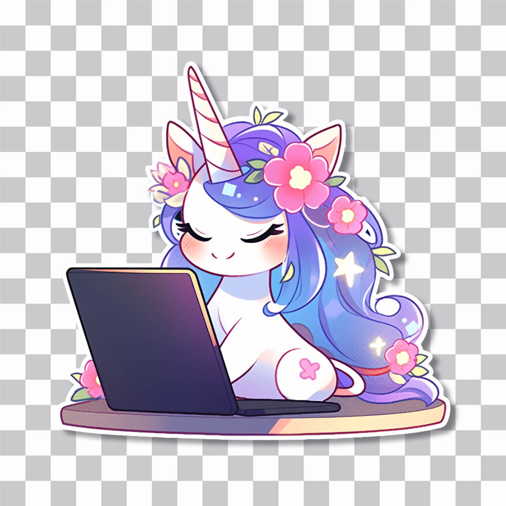 cute unicorn working on laptop sticker cover