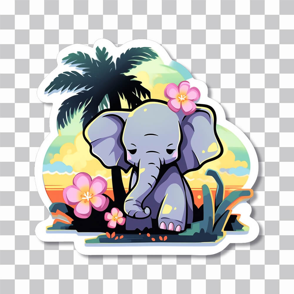 éléphant avec fleur contre la couverture d’autocollant coucher de soleil