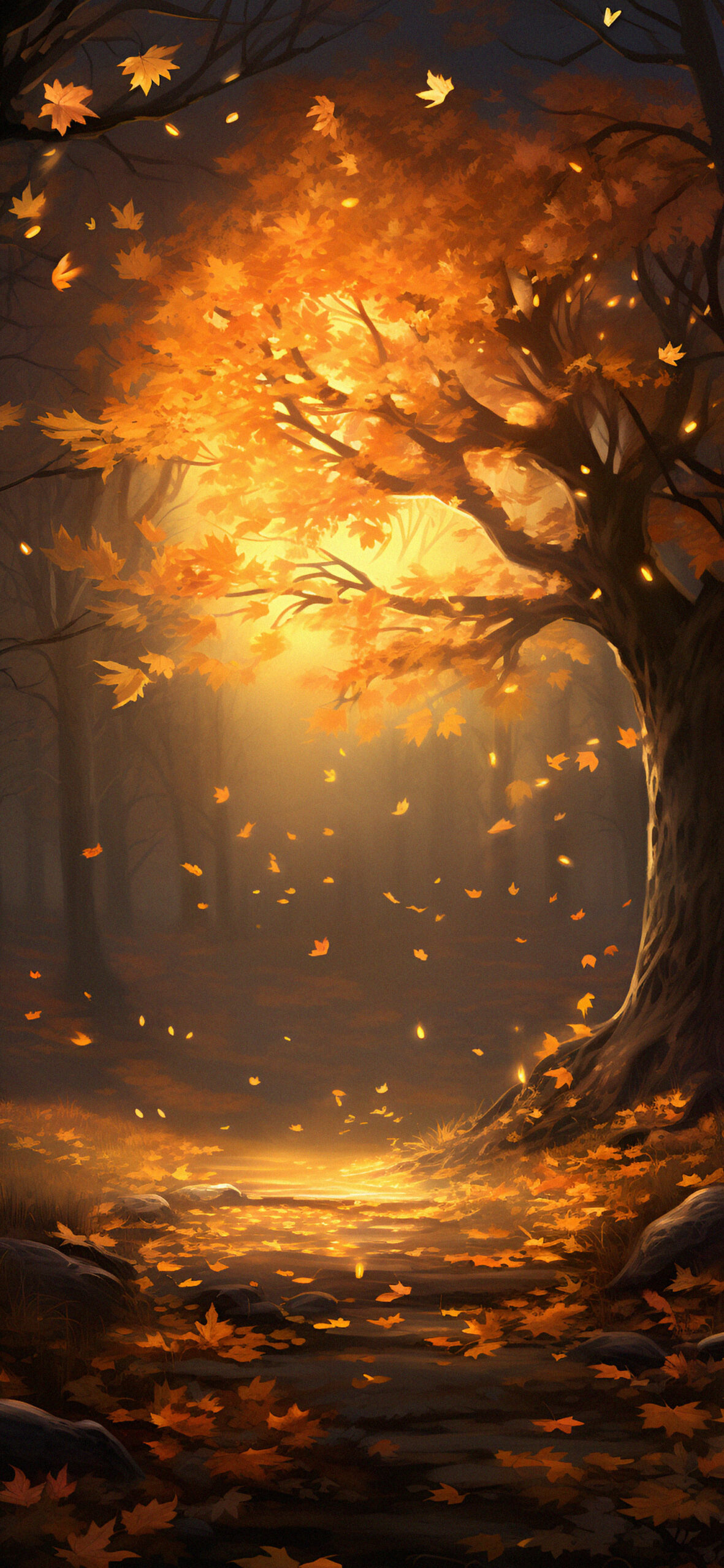 Falling Orange Leaves in the Forest Fall Wallpaper Orange Fore