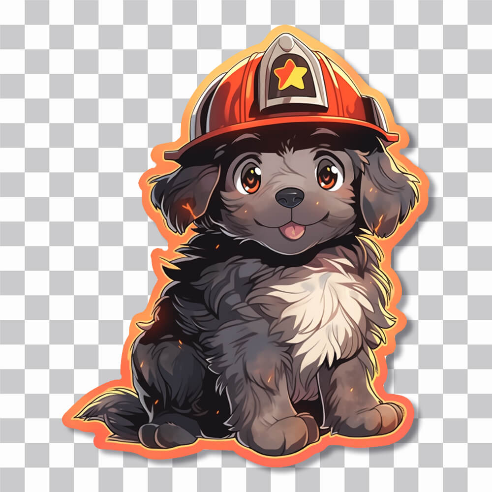 fluffy dog in a fire helmet sticker cover