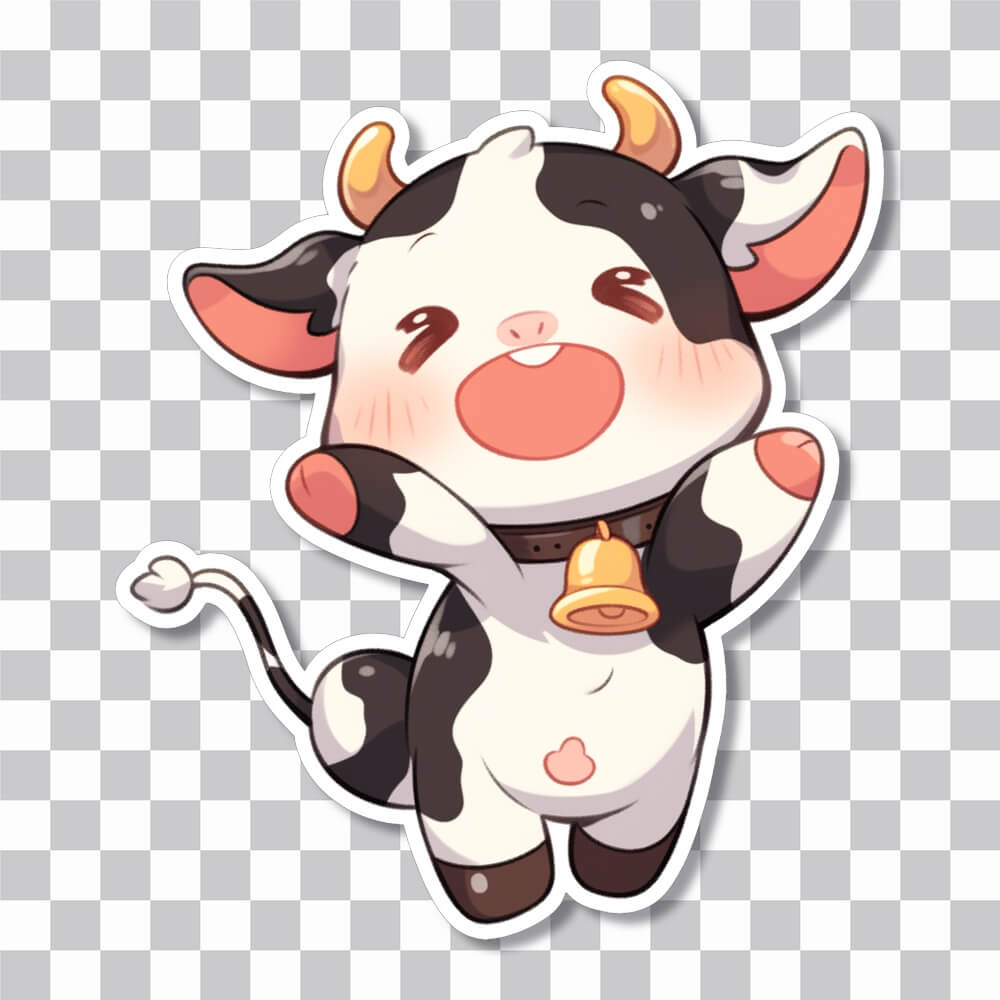 Vaca divertida con una cubierta de pegatina de campana