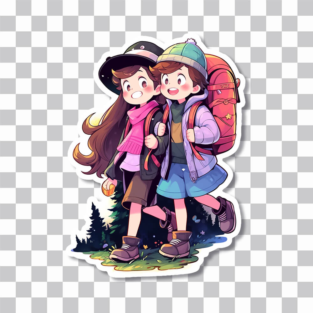girl and boy on a journey cartoon sticker cover