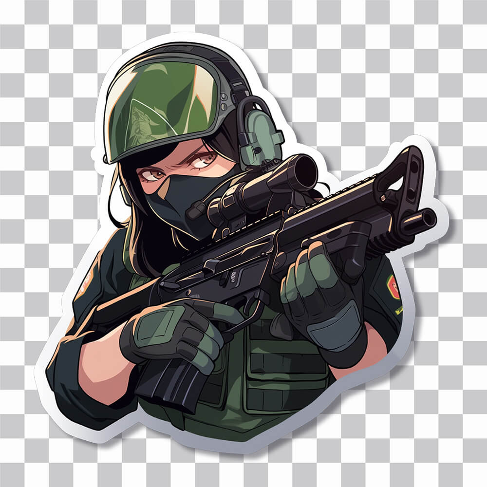 girl in combat readiness with weapon sticker cover