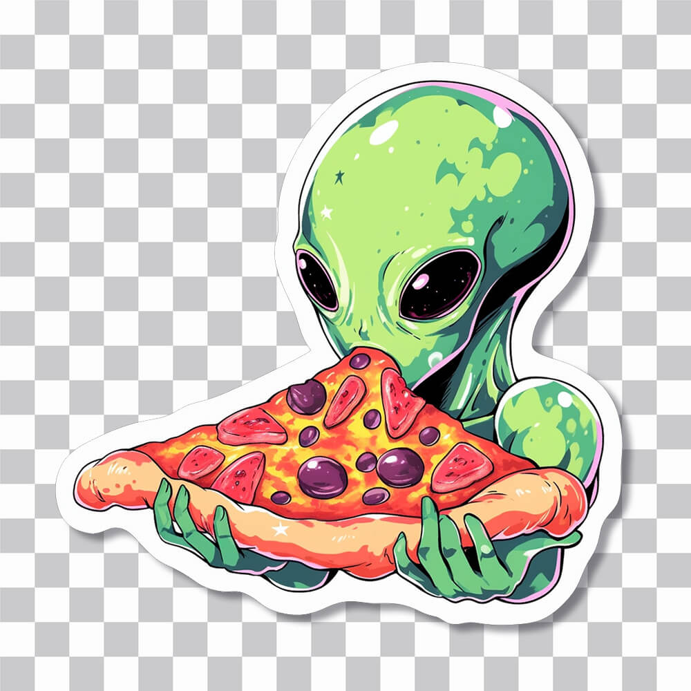green alien eating pizza sticker cover