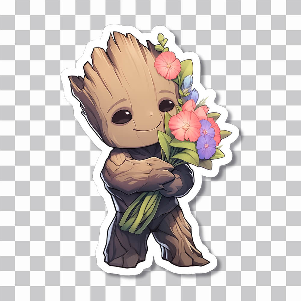 groot with a bouquet of flowers marvel sticker cover
