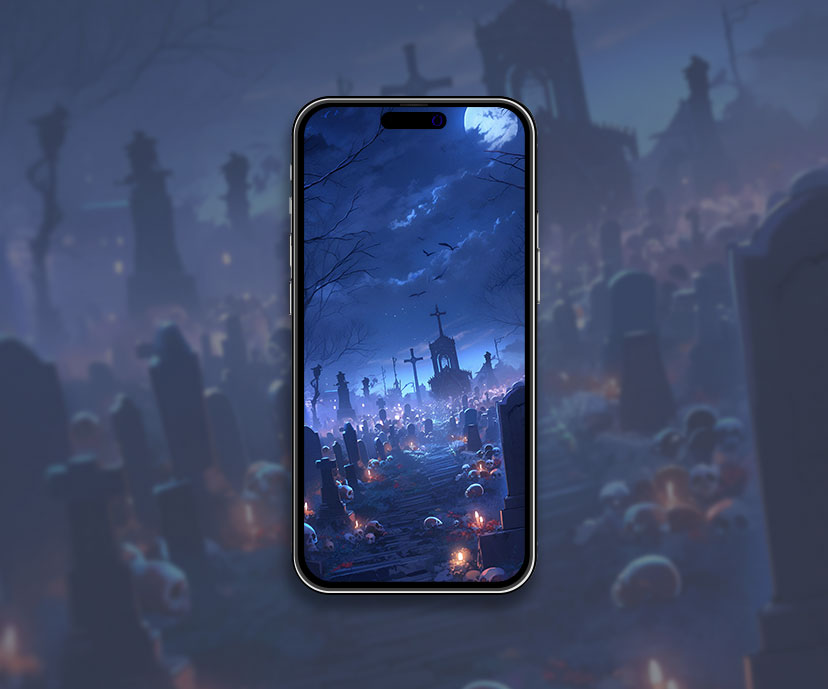 Halloween Scary Night Cemetery avec Skulls Wallpaper Halloween
