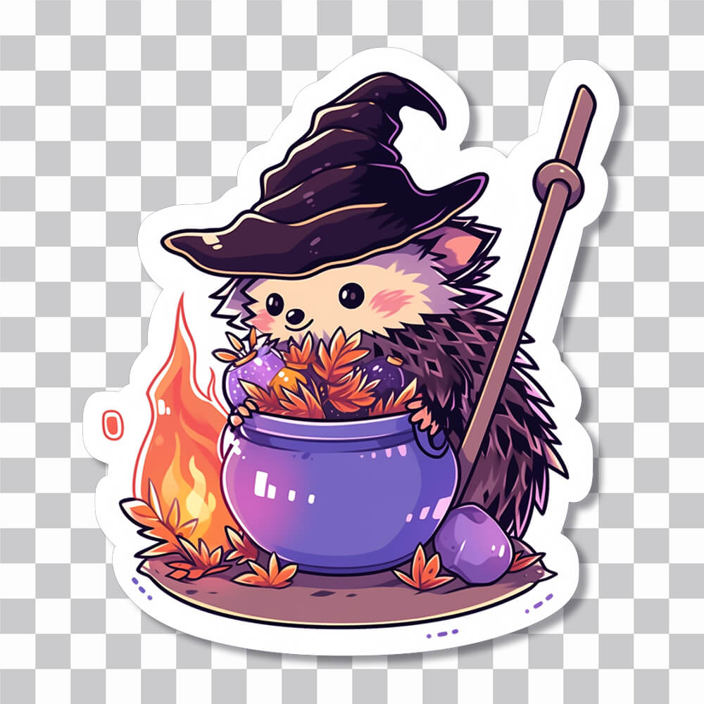 hedgehog with witch cauldron sticker cover