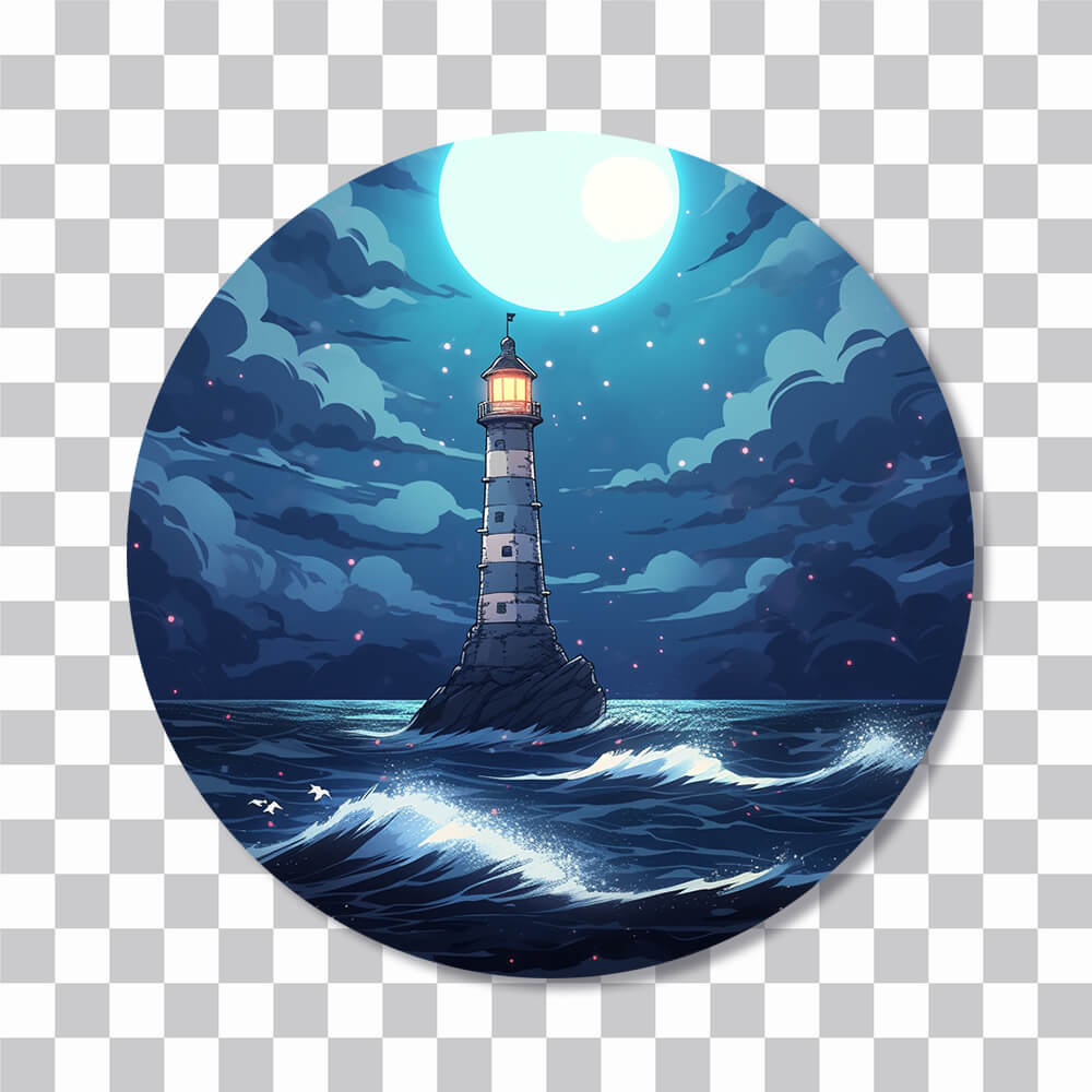 lighthouse in night ocean round sticker cover