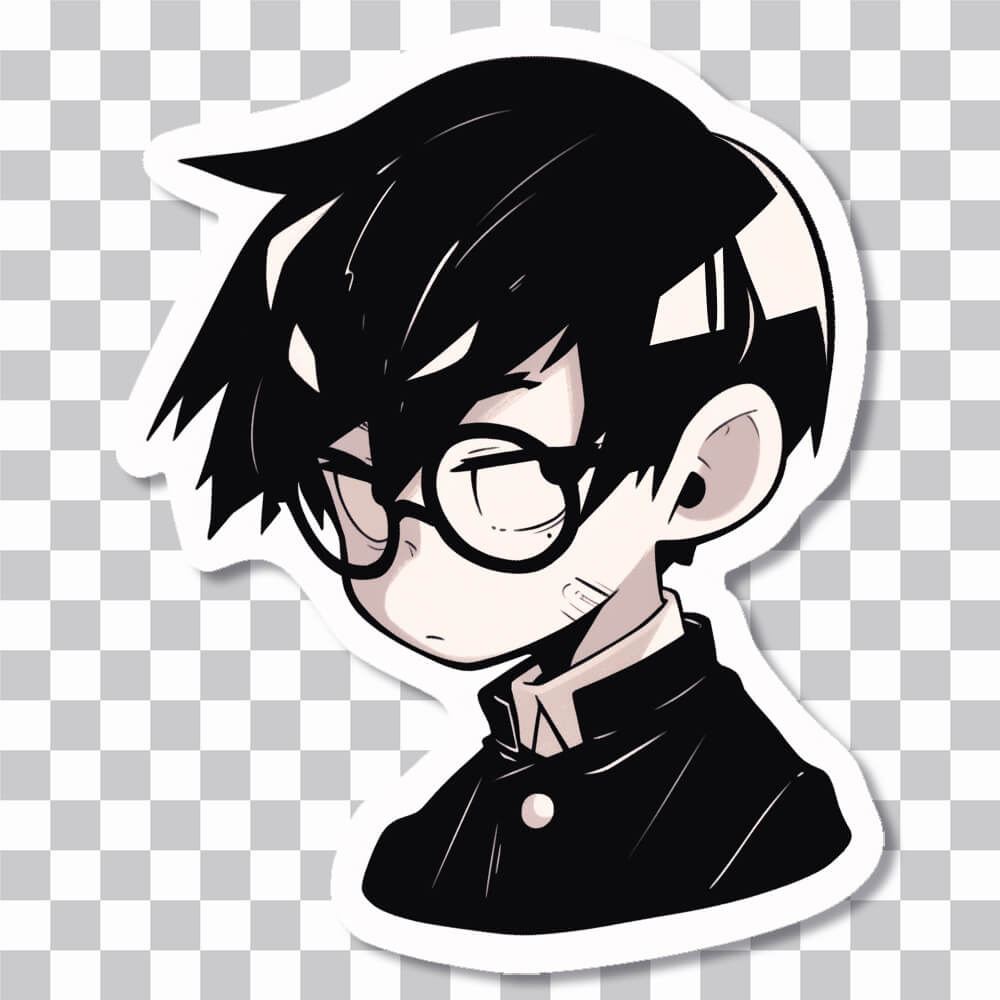 mysterious anime boy in round glasses sticker cover