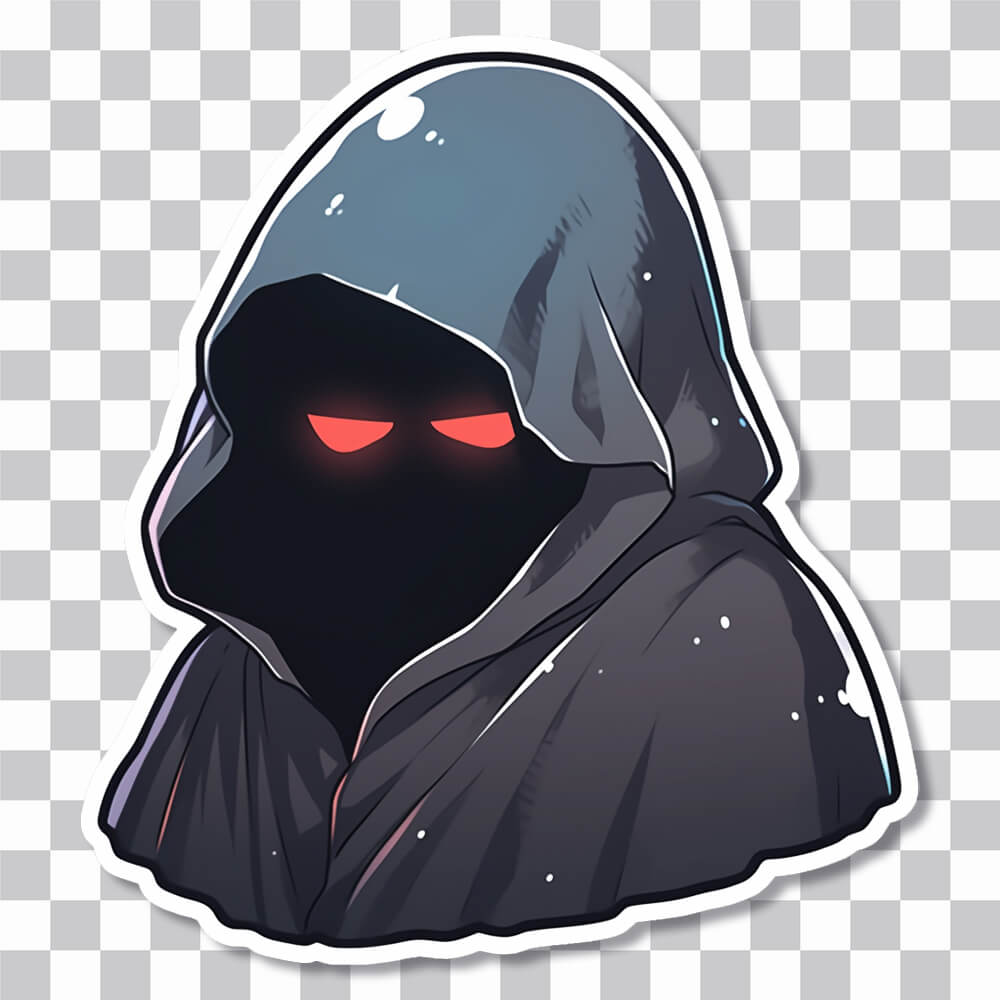 mysterious figure with glowing red eyes under hooded cloak sticker cover
