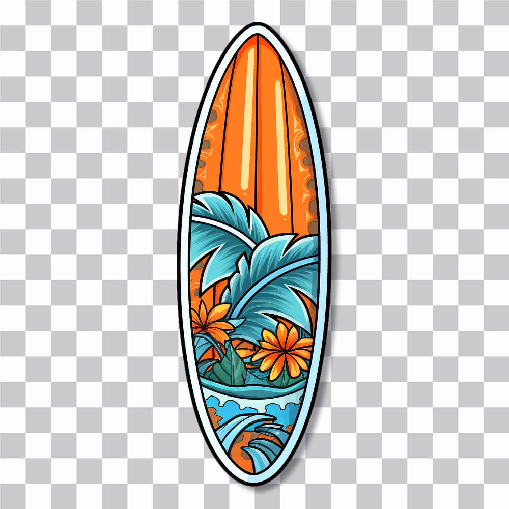 orange surfboard with tropical plants print sticker cover