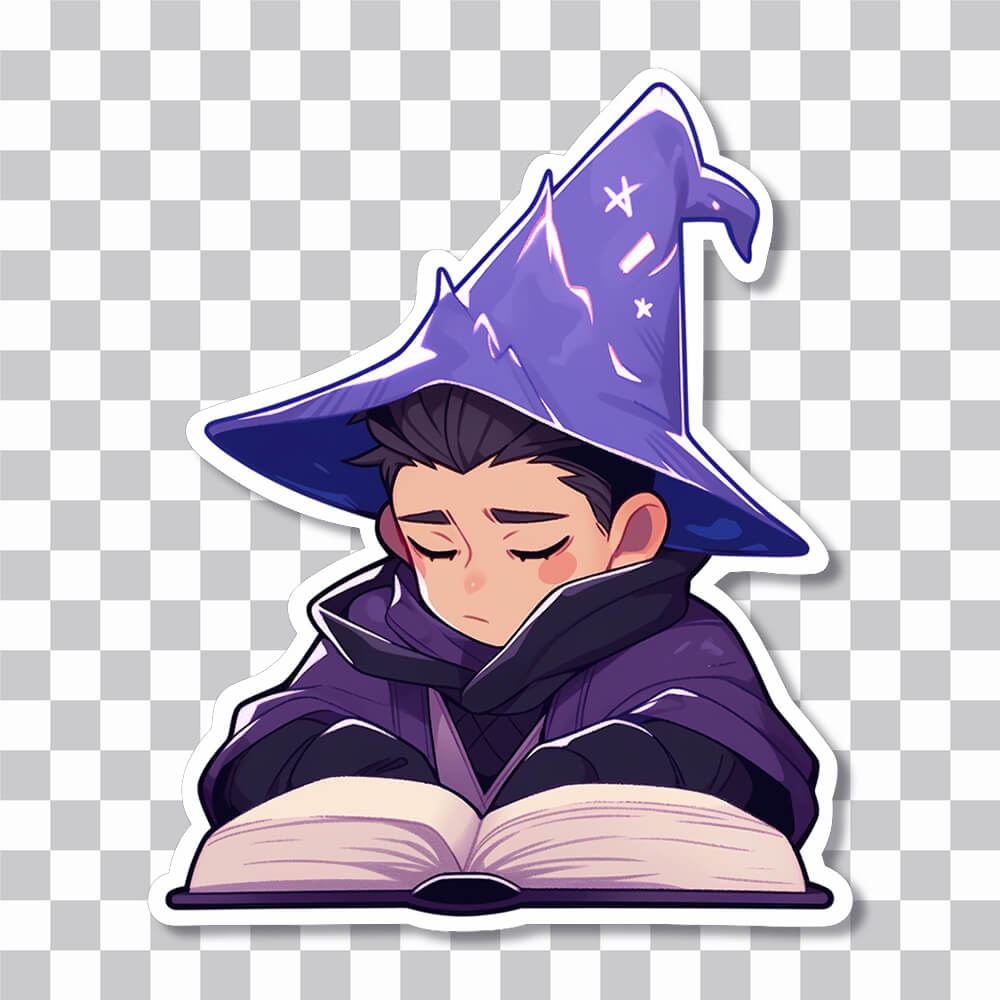 sad wizard reading book sticker cover