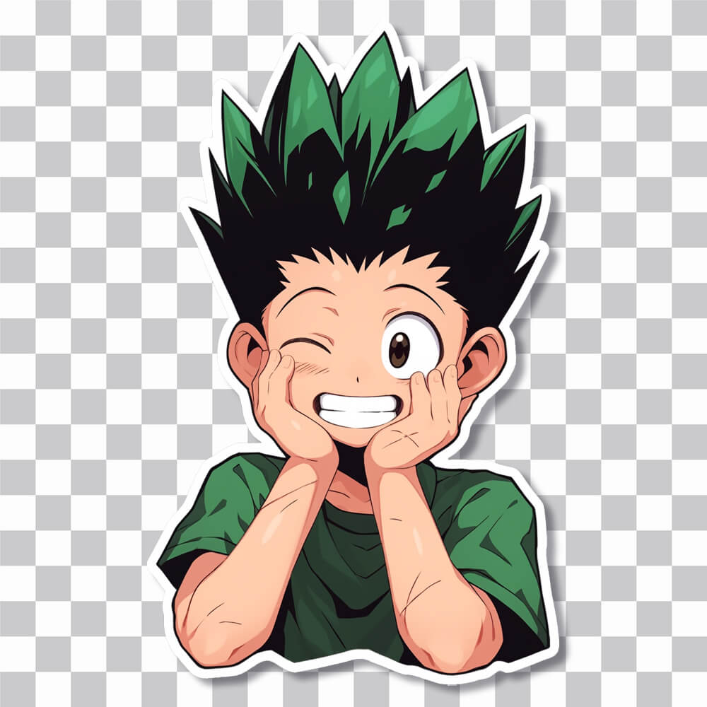 smiling gon freecss holding head with hands sticker cover