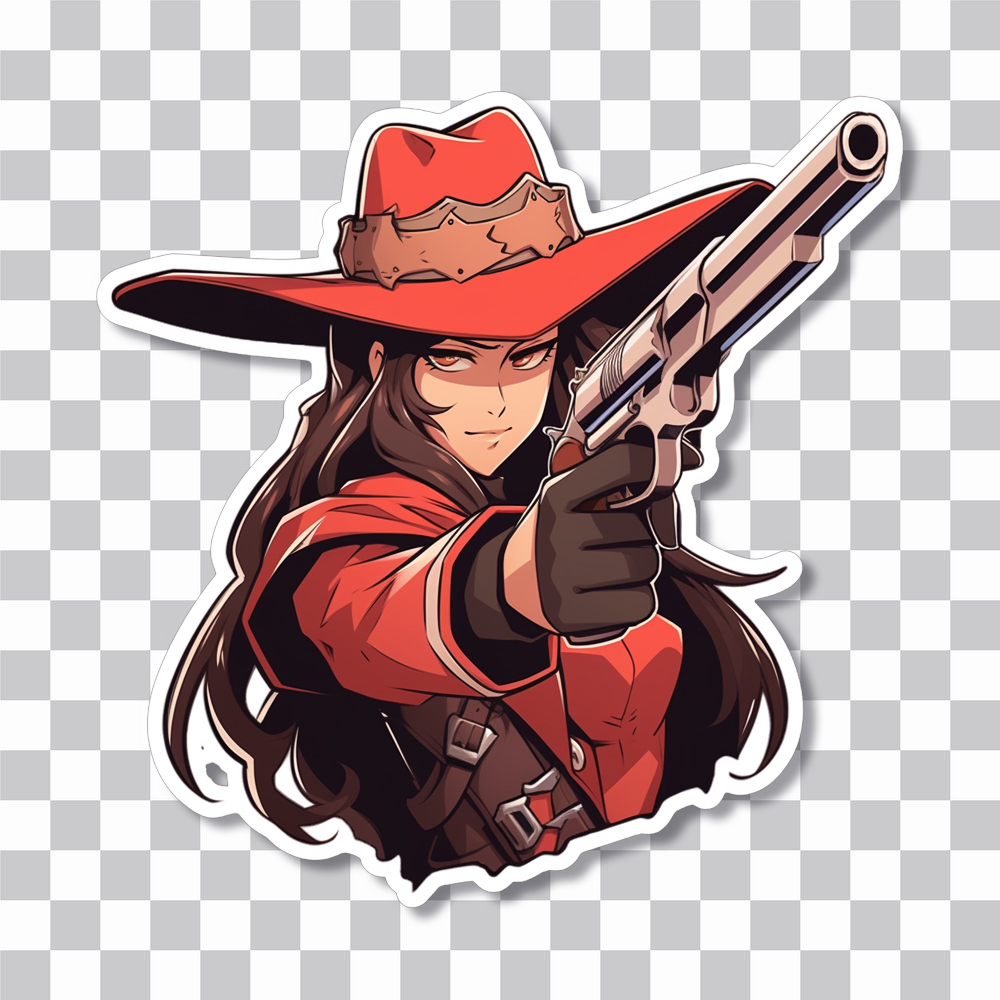 western girl in red with gun sticker cover