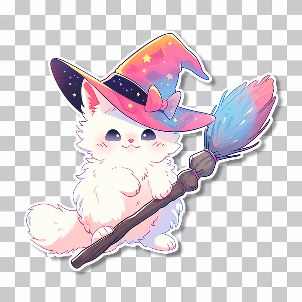 white witch cat with broom sticker cover