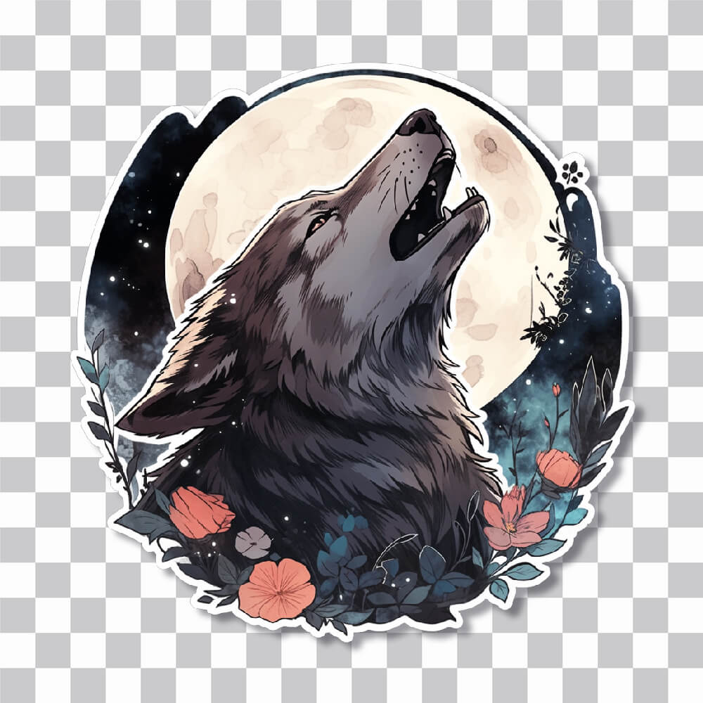 wolf howling at the moon art sticker cover