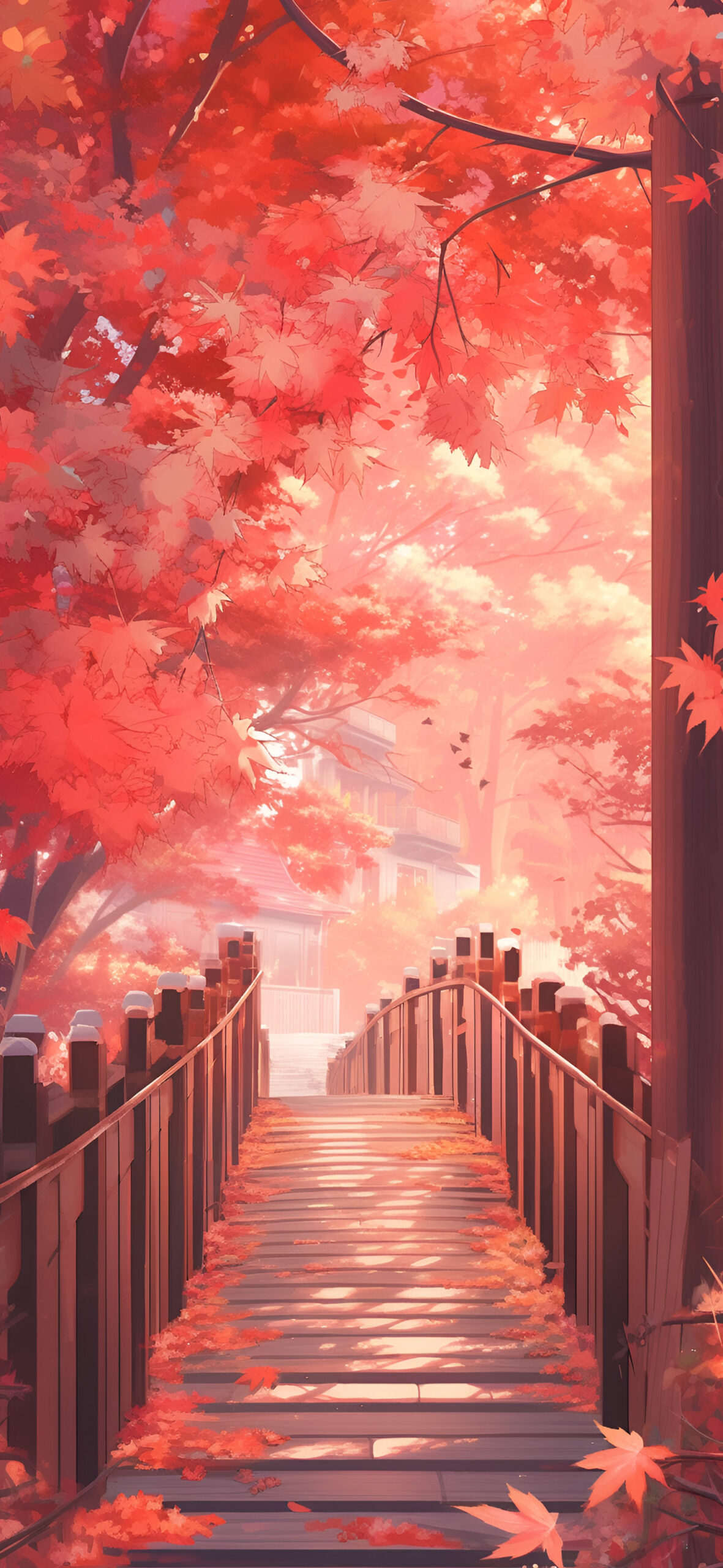 Autumn bridge with red maple leaves wallpaper Aesthetic fall w