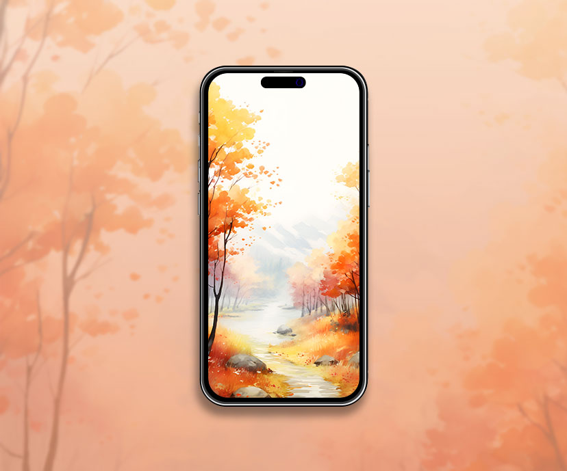 Autumn nature watercolor art wallpaper Fall forest painting ae