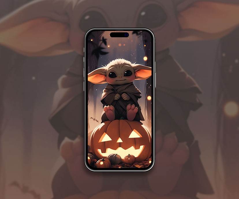 Baby Yoda sur le fond d'écran d'Halloween Pumpkin