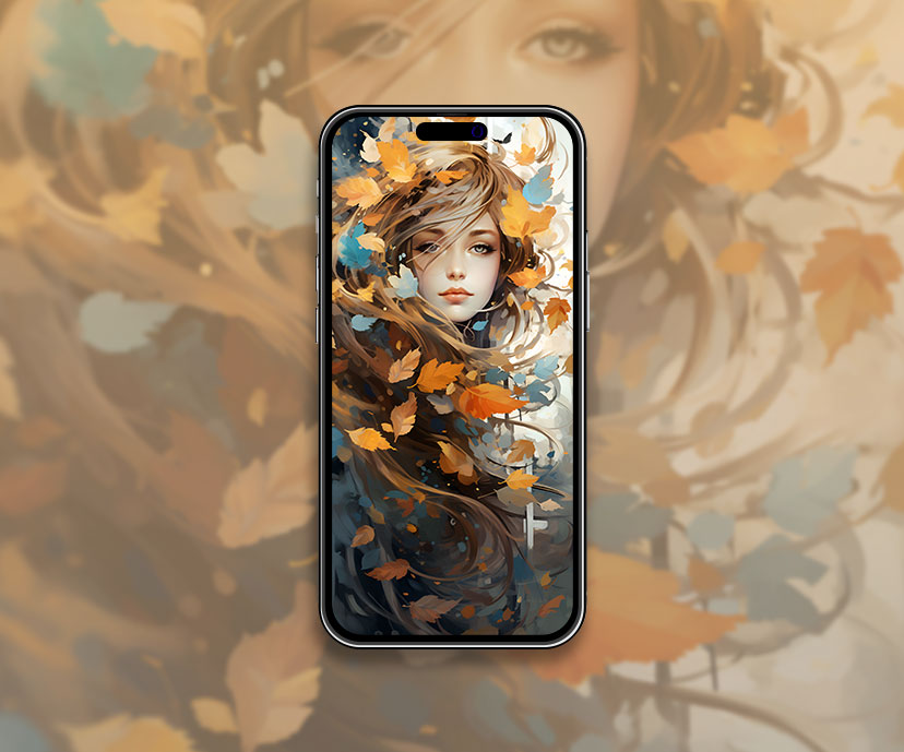 Belle fille dans les feuilles d’automne Art Wallpaper Fond d’écran d’automne