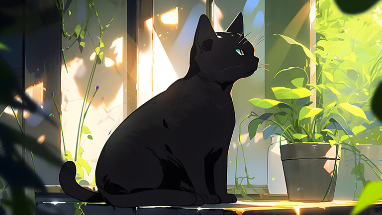 black cat on the windowsill desktop wallpaper cover