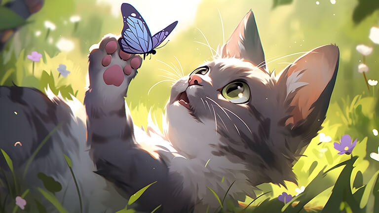cat plays with a butterfly desktop wallpaper cover