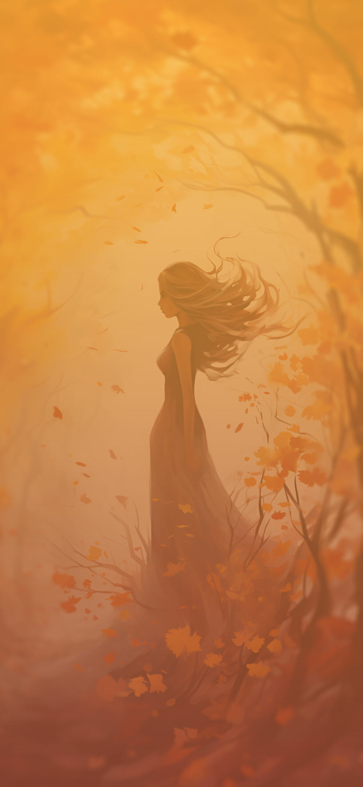 Girl in vibrant autumn forest wallpaper Watercolor aesthetic w