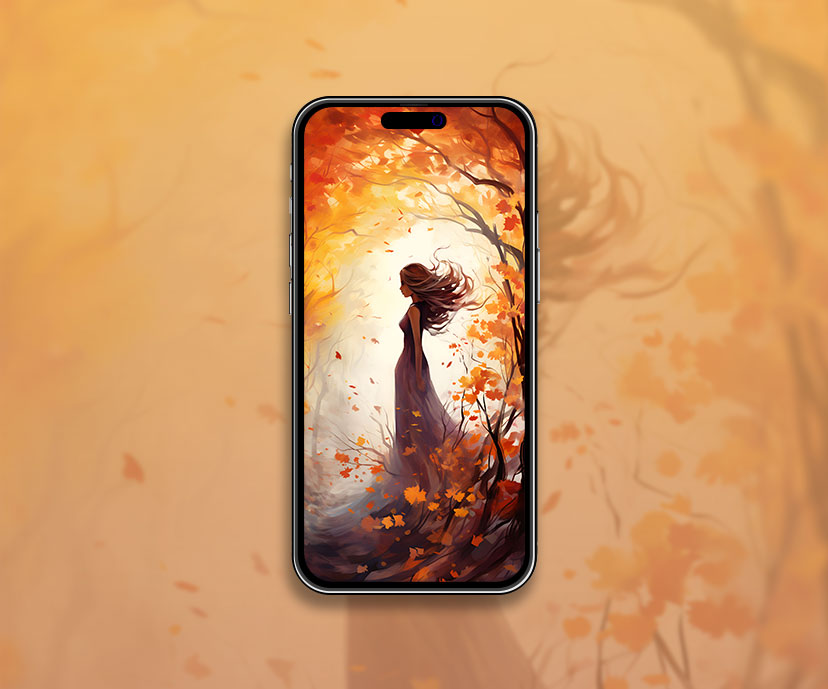Girl in vibrant autumn forest wallpaper Watercolor aesthetic w