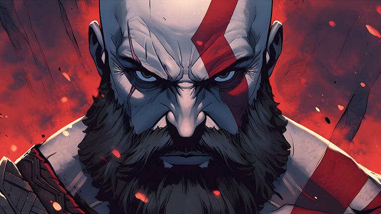 Couverture de fond d'écran pc de bureau rouge avec Kratos furieux de God of War