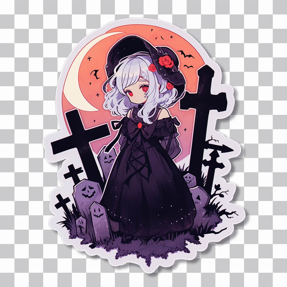 halloween anime girl in spooky cemetery sticker cover