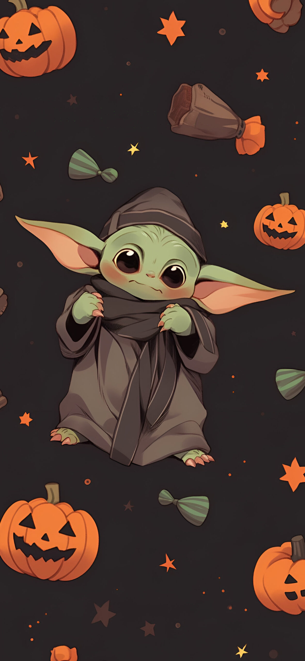 Halloween Baby Yoda & Pumpkins Pattern Wallpaper Halloween Wal
