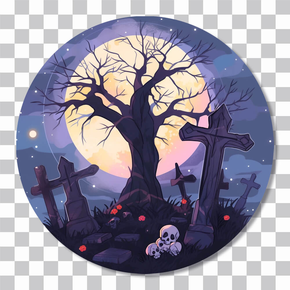 halloween cemetery moon round sticker cover
