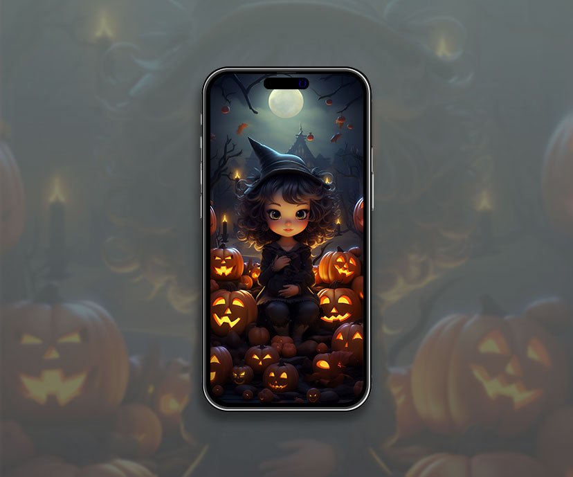 Fond d'écran artistique mignon d'une petite sorcière pour Halloween
