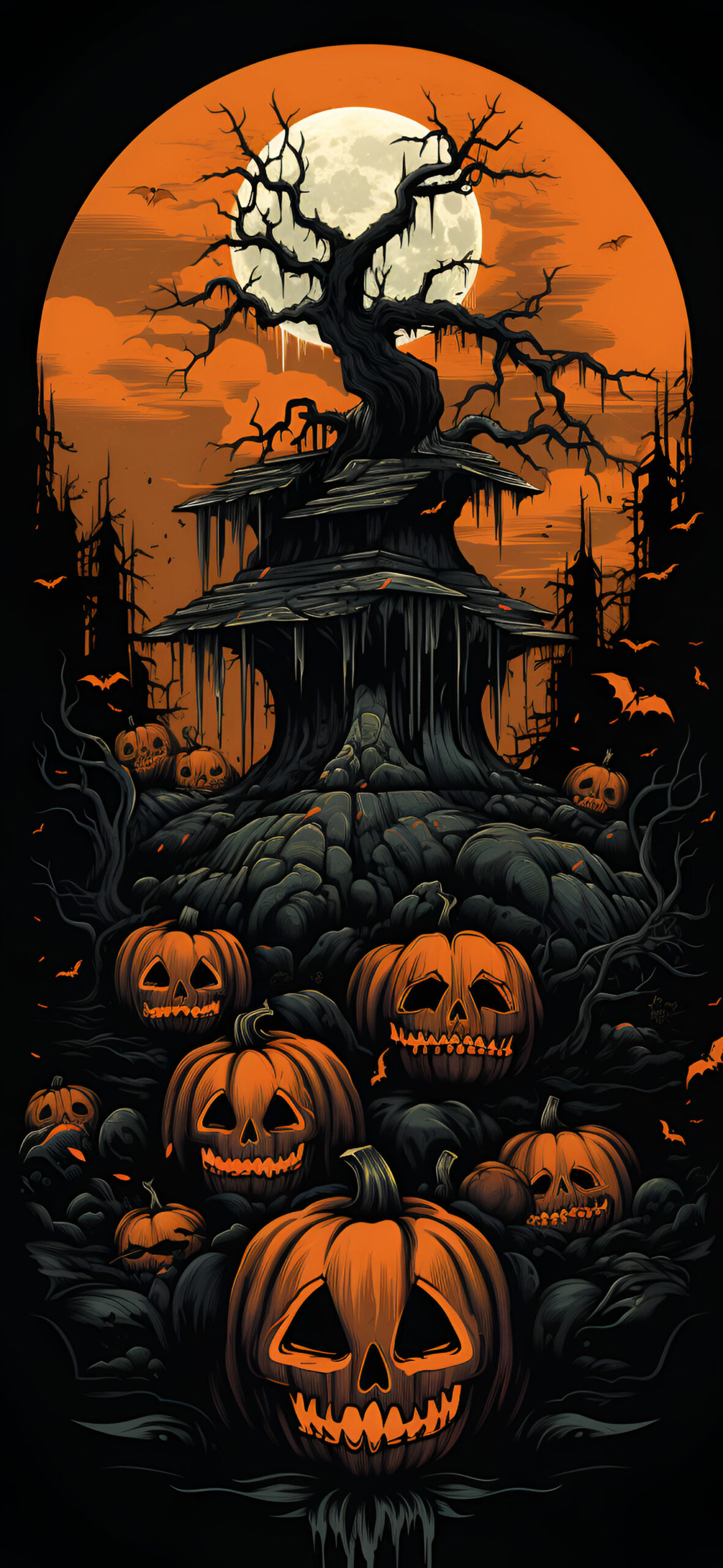 Halloween Pumpkins & House on a Tree Wallpaper Halloween Wallp