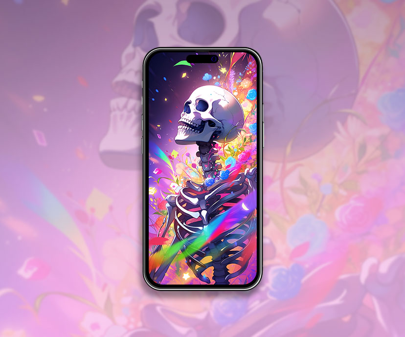Halloween Skeleton & Flowers Rainbow Wallpaper Halloween Wallp