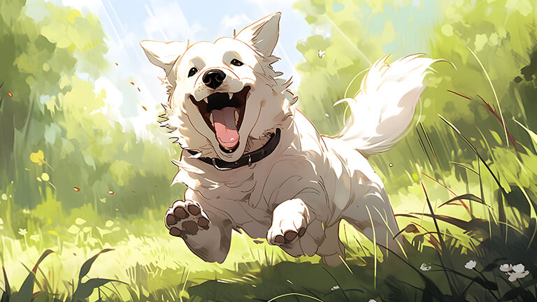 Perro blanco feliz corriendo en la hierba Cubierta de fondo de escritorio