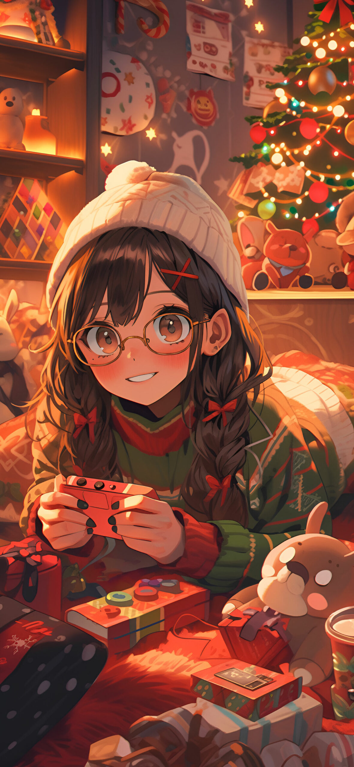 Kawaii anime girl & christmas tree cozy wallpaper Beautiful wi