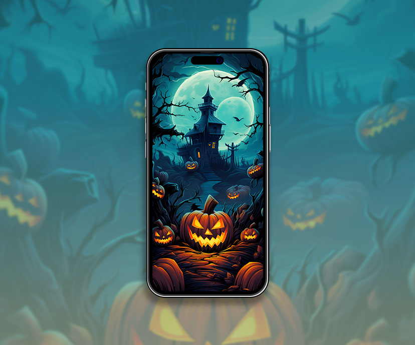 Fond d'écran effrayant de la citrouille Jack-o'-Lantern et de la maison pour Halloween