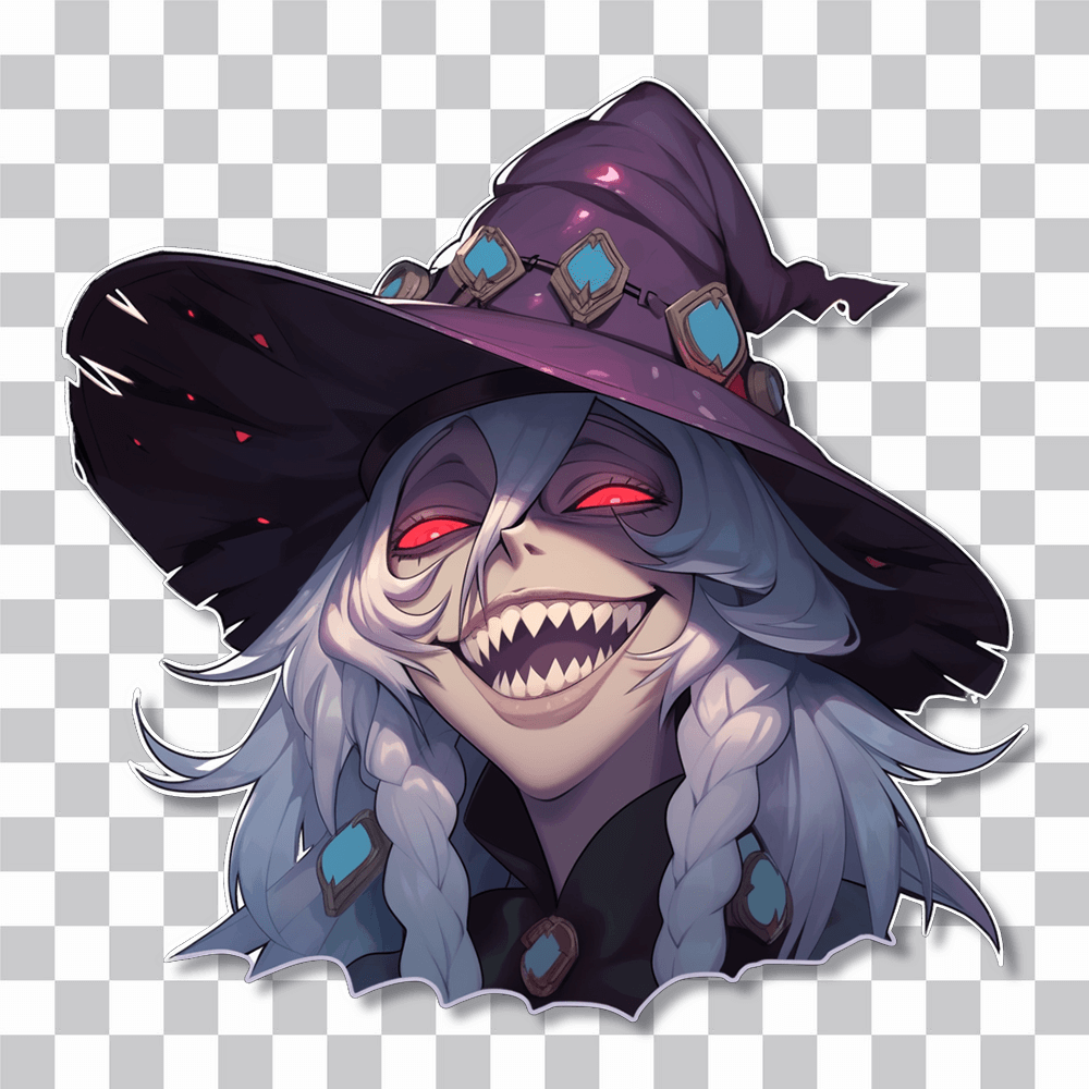 smiling witch with red eyes halloween sticker cover