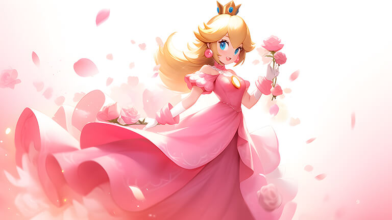 Couverture de fond d'écran pc de bureau avec la princesse Peach de Super Mario et des roses