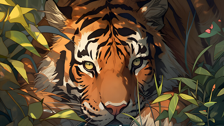 aesthetic tiger in the leaves desktop wallpaper cover