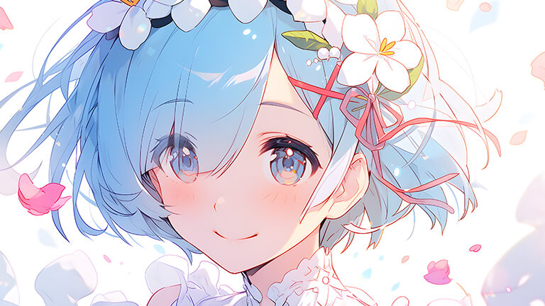 Fille d’anime avec des fleurs dans les cheveux couverture de fond d’écran