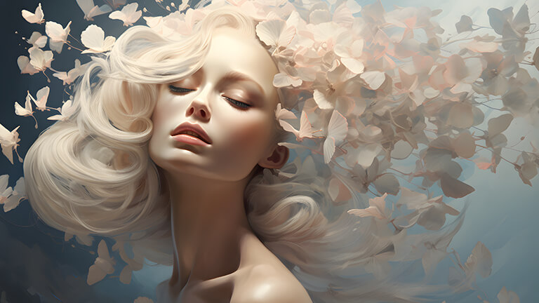 beautiful girl with white flower petals desktop wallpaper cover