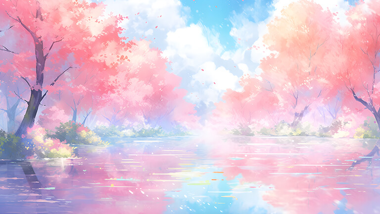 beautiful pink trees over river desktop wallpaper cover