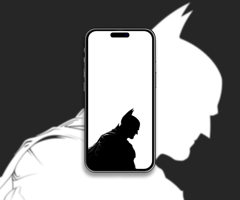 Black batman silhouette on white wallpaper DC comics aesthetic