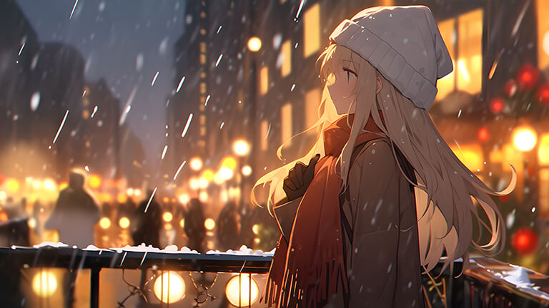 christmas anime girl in the city desktop wallpaper cover