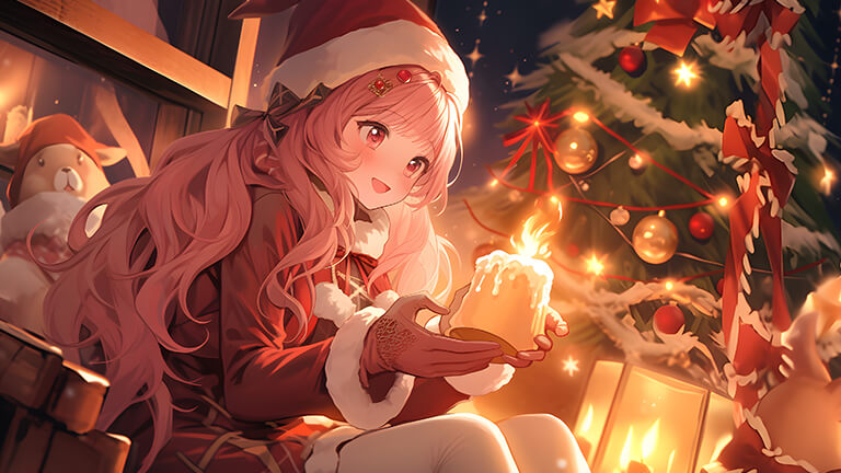 christmas anime girl with candle desktop wallpaper cover