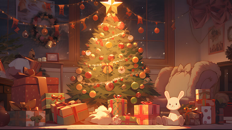 Árbol de Navidad con regalos dentro de la cubierta de fondo de escritorio de la casa