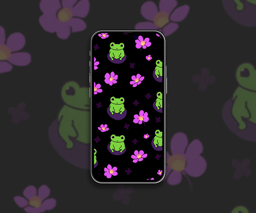 Cute frog & pink flowers pattern wallpaper Kawaii dark pattern